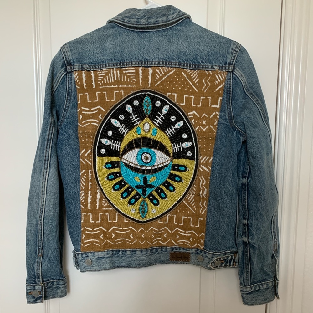 Lucky Brand Tomboy Trucker Denim Jacket Boho Mud Cloth Evil Eye M